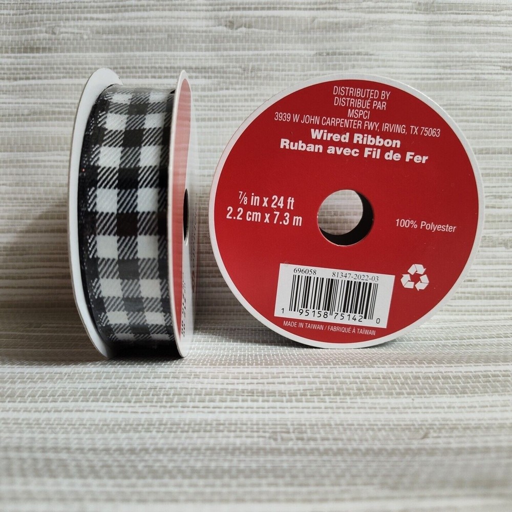 2 Rolls Buffalo Check Black White Plaid Checkered Pattern Wired Ribbon 7/8"x24'